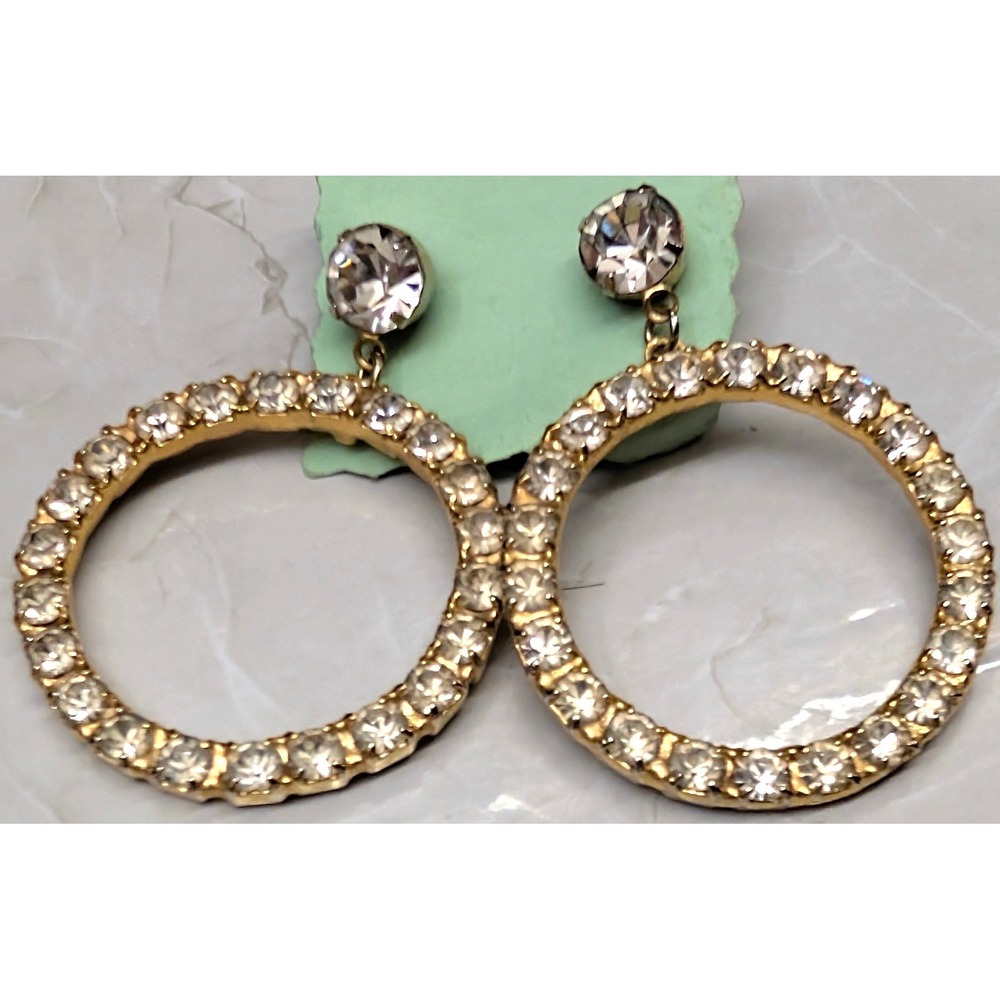 Vintage Drop Hoop Earrings Gold Tone Rhinestone Pave Circle Dangle Sparkly Round